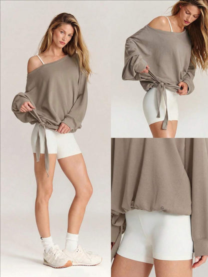 Off-Shoulder Long Sleeve Side-Tie Slouchy Sweatshirt