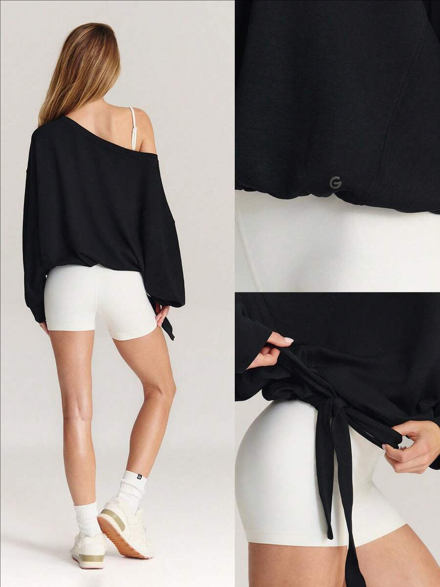 Off-Shoulder Long Sleeve Side-Tie Slouchy Sweatshirt
